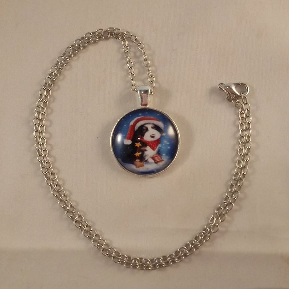 Silver Puppy Dog Santa Hat Star Snow Cabochon Pendant Necklace 20" Gift - Picture 3 of 3